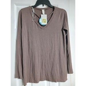 NWT Women's Mittoshop Green Label Criss Cross V Neck LS Top Size Small Brown